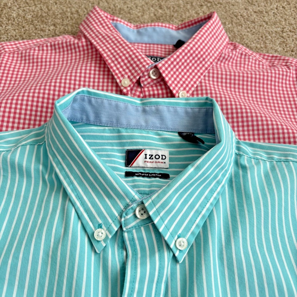 2 - IZOD PerformX Mens XL Non Iron‎ Stretch Dress Shirts Gingham & Stripe EUC